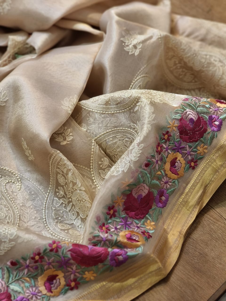 Pure Tissue Silk Parsi Border Chikankari Saree - matching blouse detail