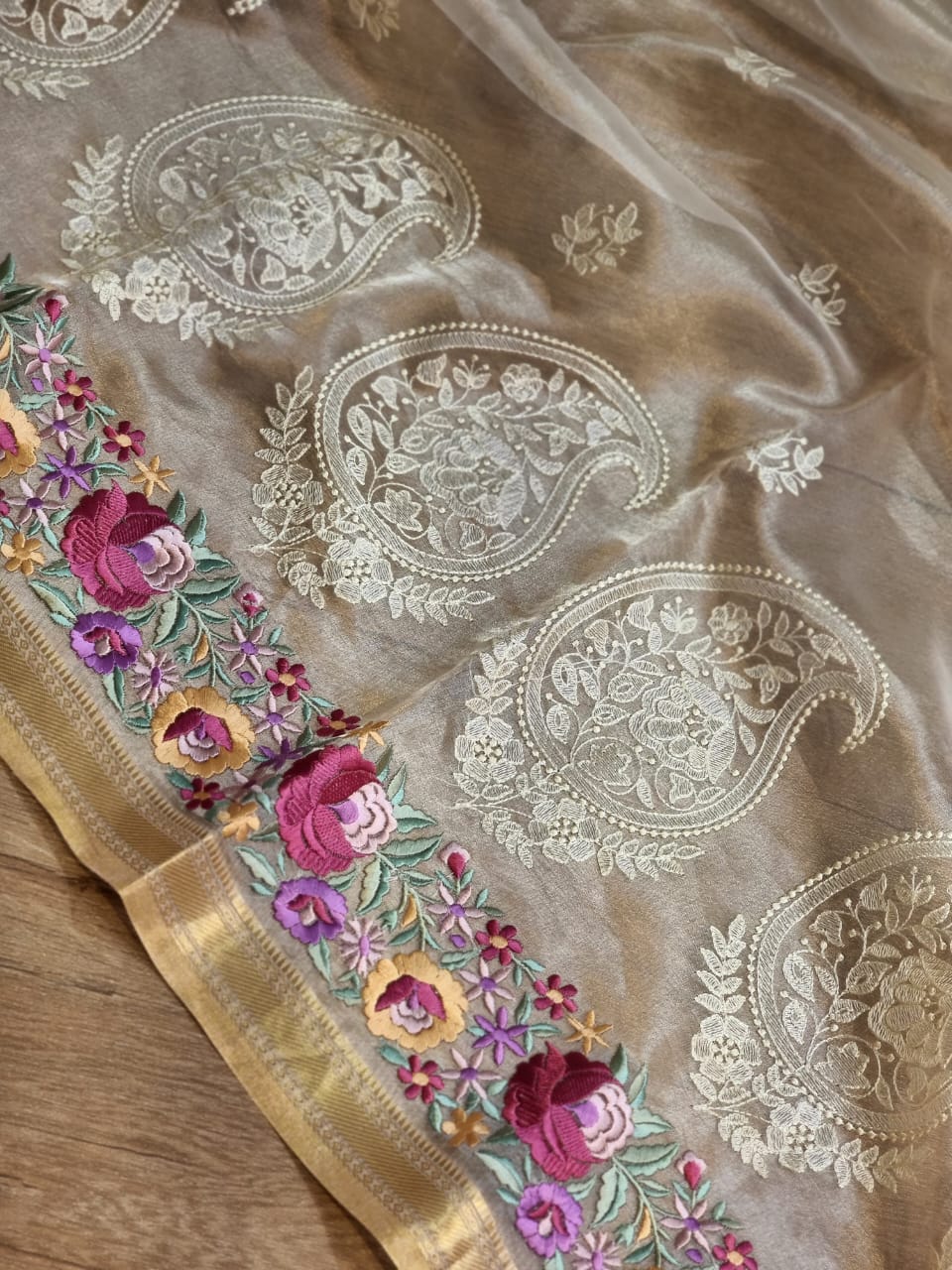 Pure Tissue Silk Parsi Border Chikankari Saree - draped side view
