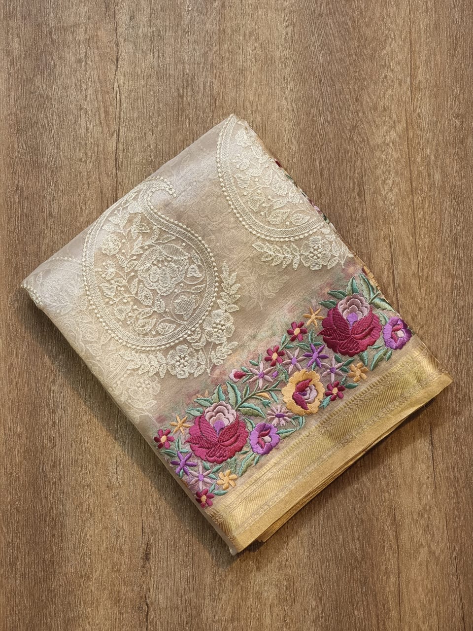 Pure Tissue Silk Parsi Border Chikankari Embroidery Saree with special Tassels and blouse - Resham Wala