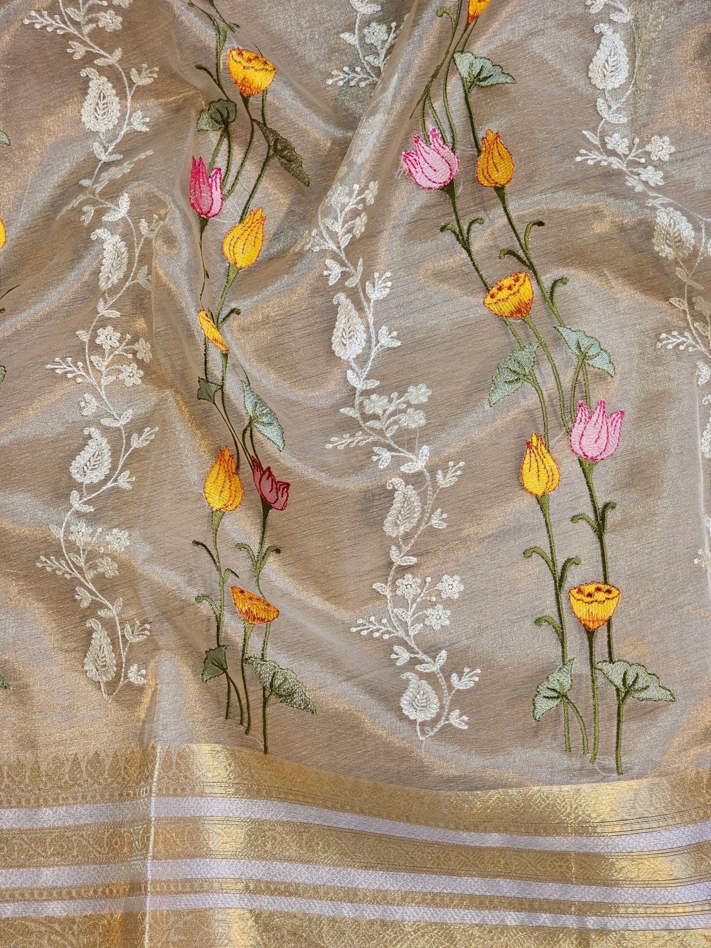Pure Tissue Silk Pichwai Latar Embroidery Saree - Water Gold shade