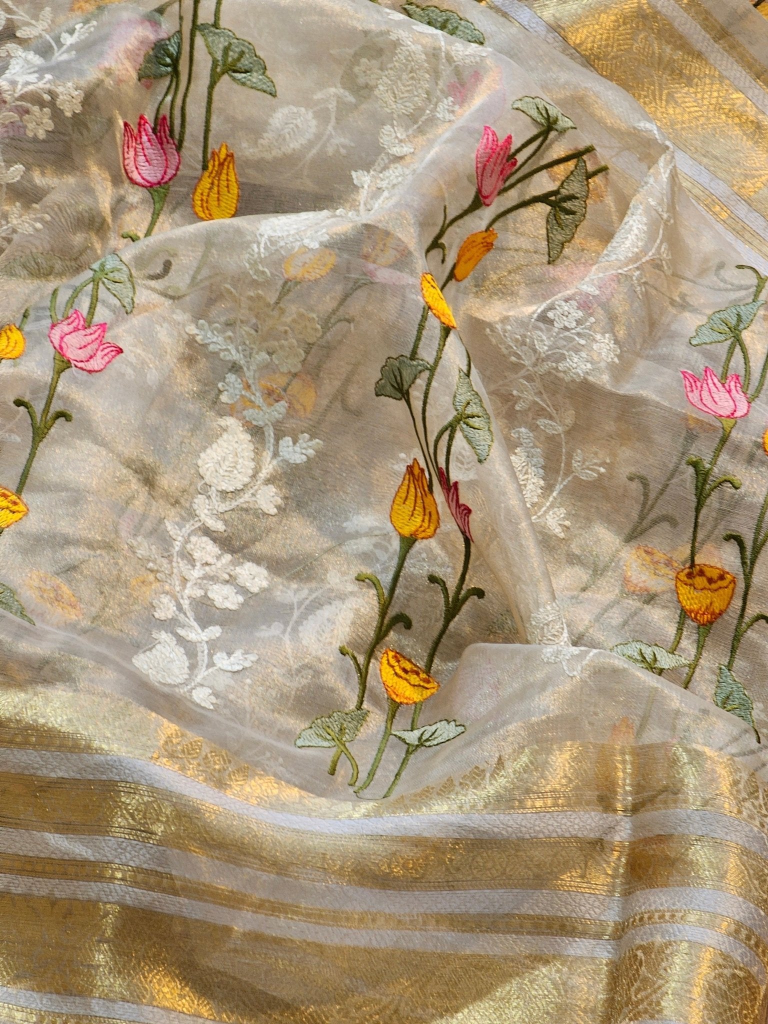 Pure Tissue Silk Pichwai Latar Embroidery Saree - Custom Shade option