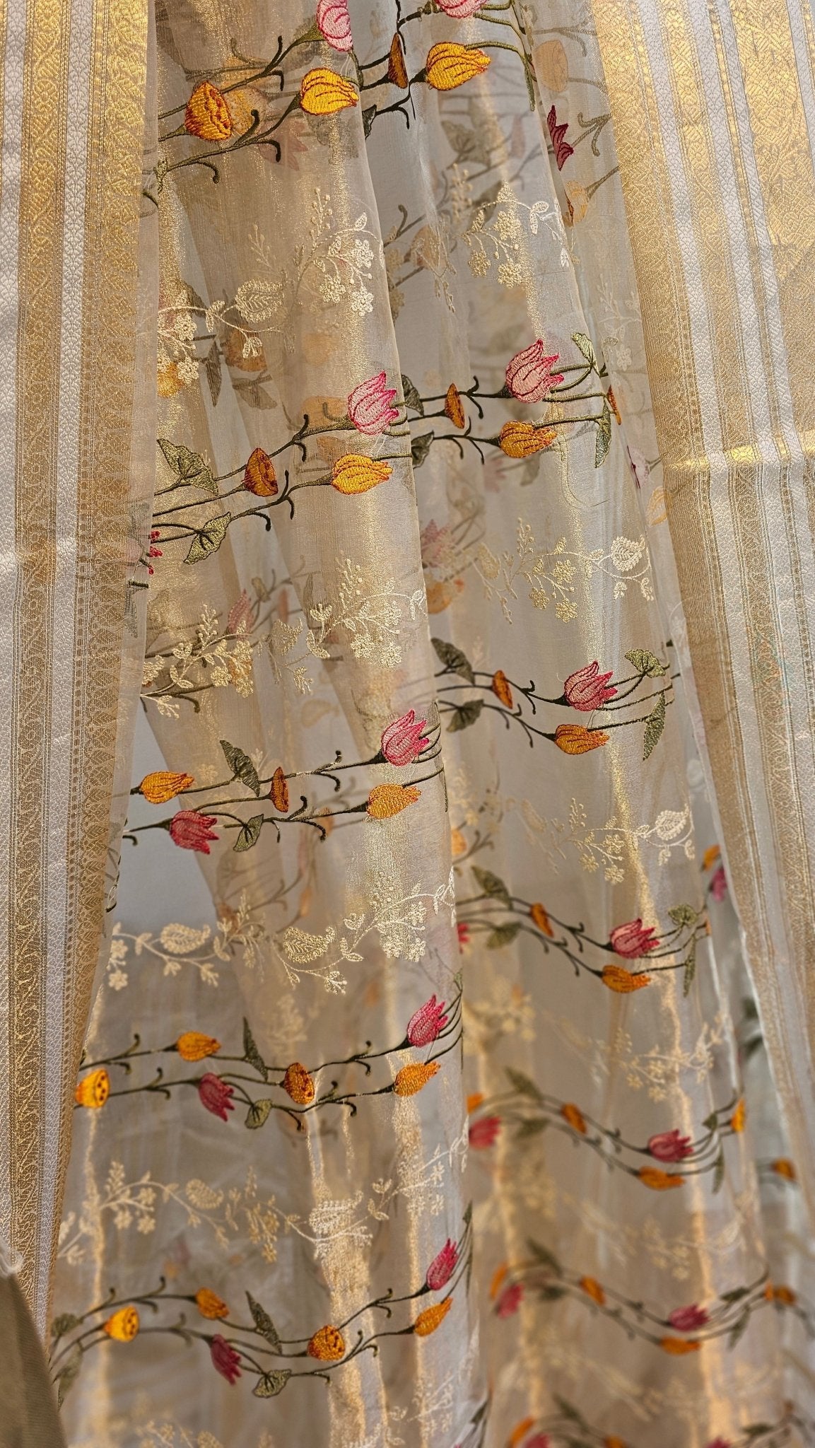 Pure Tissue Silk Pichwai Latar Embroidery Saree - draped side view