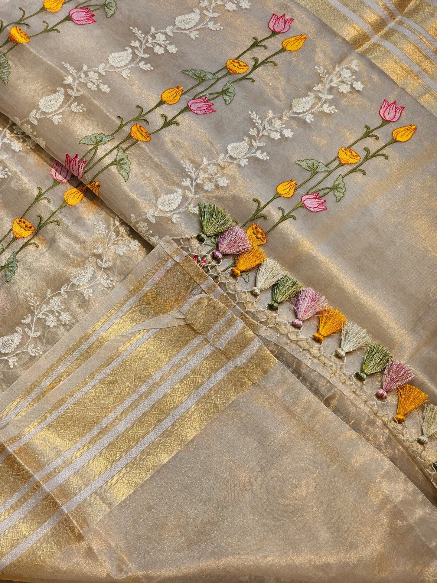 Pure Tissue Silk Pichwai Latar Embroidery Saree & Katan Border with special tassels and sleeves in blouse - Resham Wala