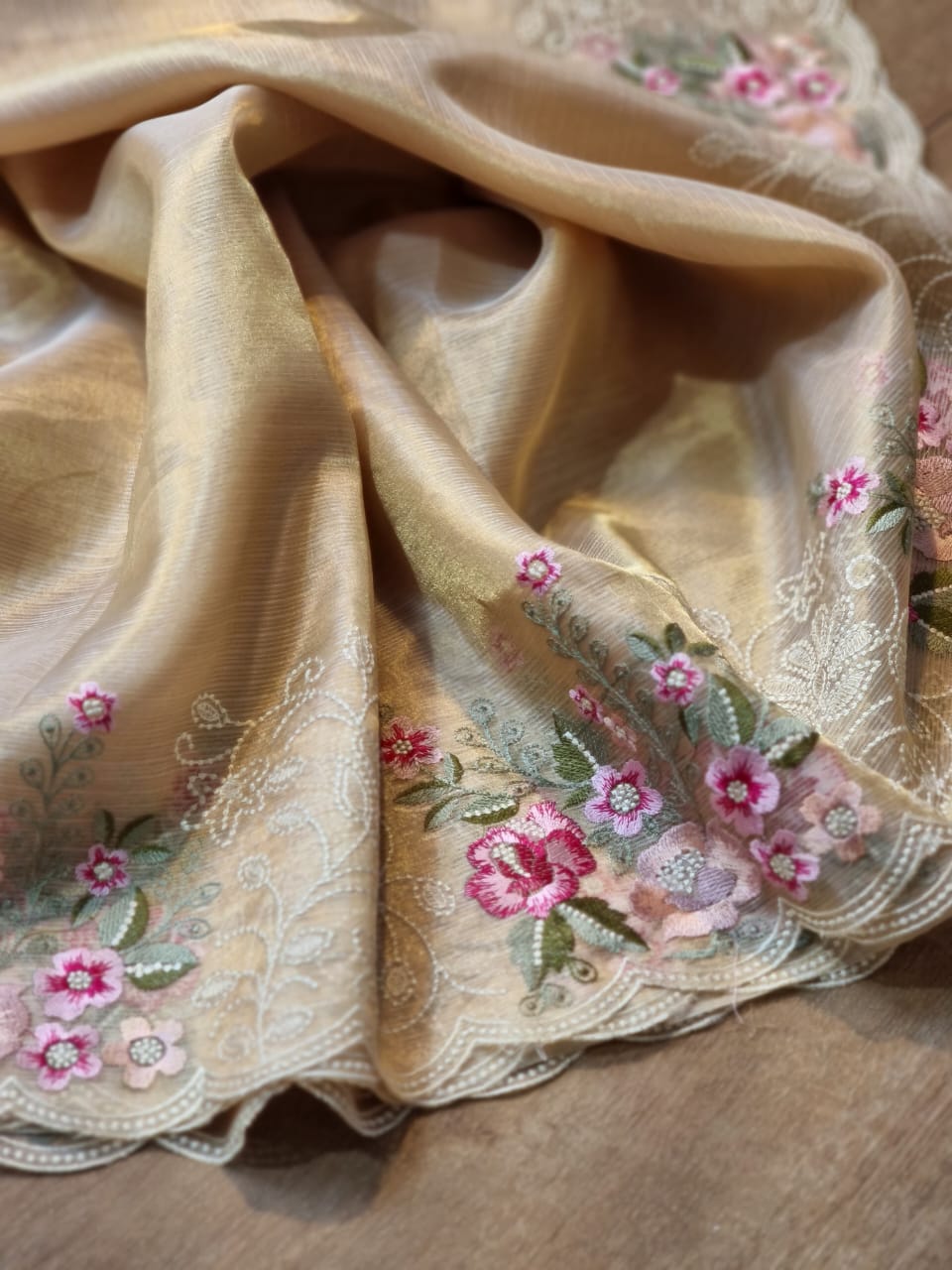 Pure Tissue Silk Stripe Embroidery Cutwork Border Scallop Saree - Resham Wala