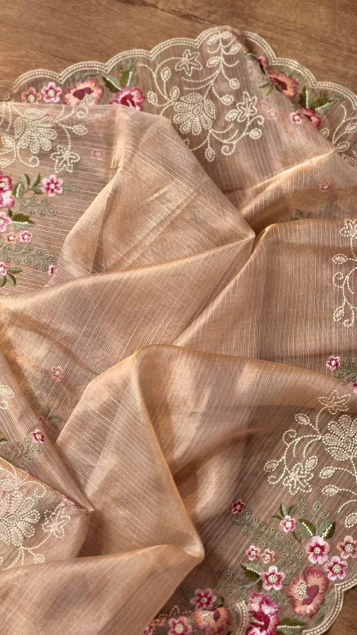 Pure Tissue Silk Stripe Embroidery Cutwork Border Scallop Saree - Resham Wala