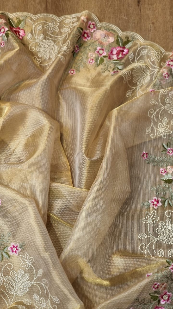 Pure Tissue Silk Stripe Embroidery Cutwork Border Scallop Saree - Resham Wala