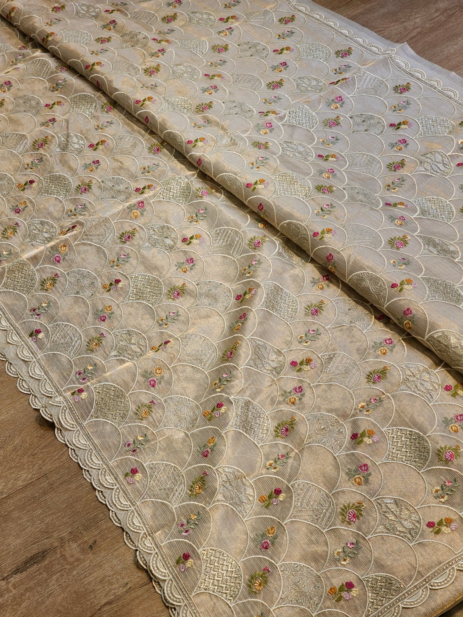 Pure Tissue Silk Stripe Embroidery Jaal Saree With Scallop Cutwork Border - Resham Wala