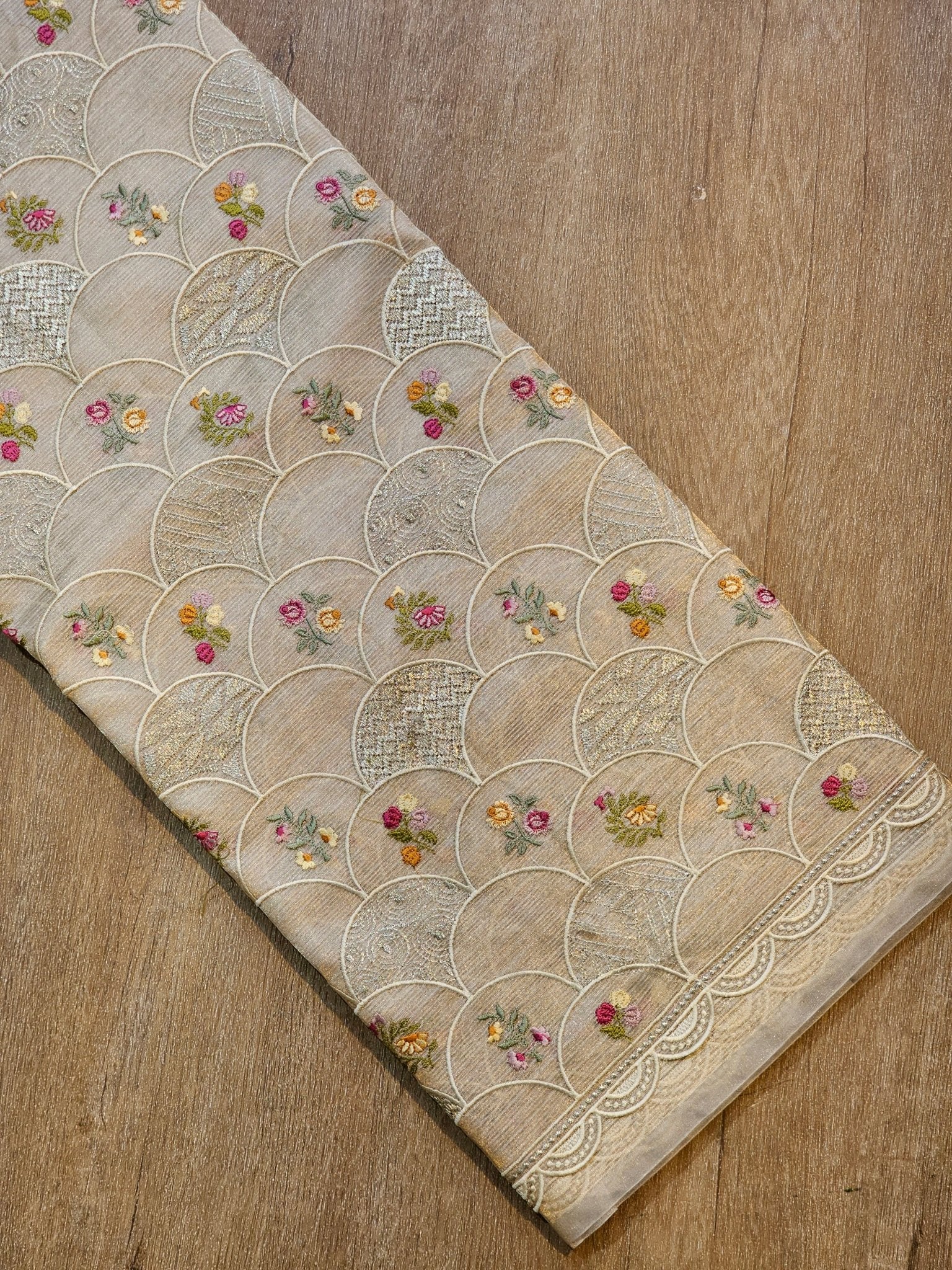 Pure Tissue Silk Stripe Embroidery Jaal Saree With Scallop Cutwork Border - Resham Wala