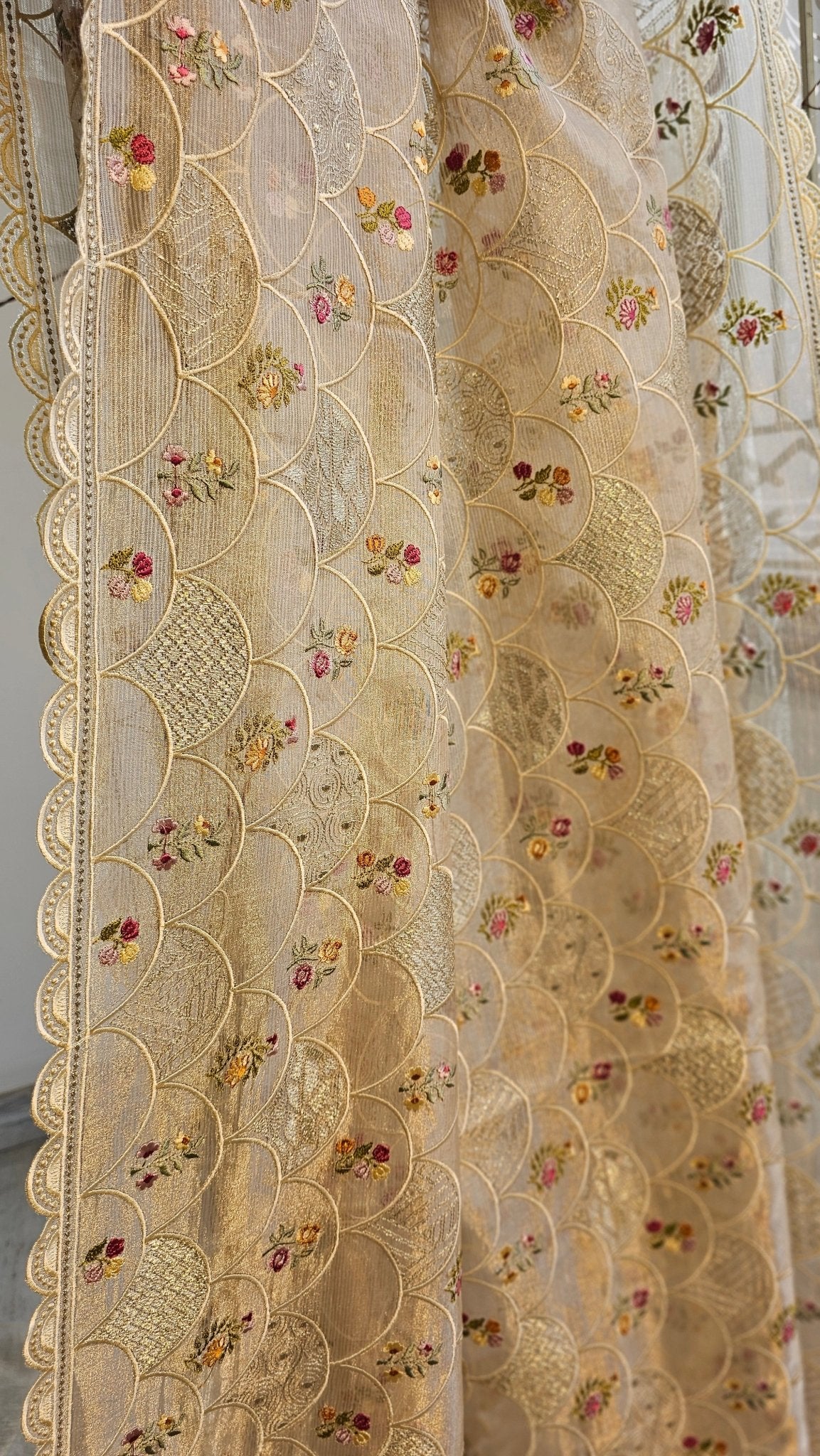 Pure Tissue Silk Stripe Embroidery Jaal Saree With Scallop Cutwork Border - Resham Wala