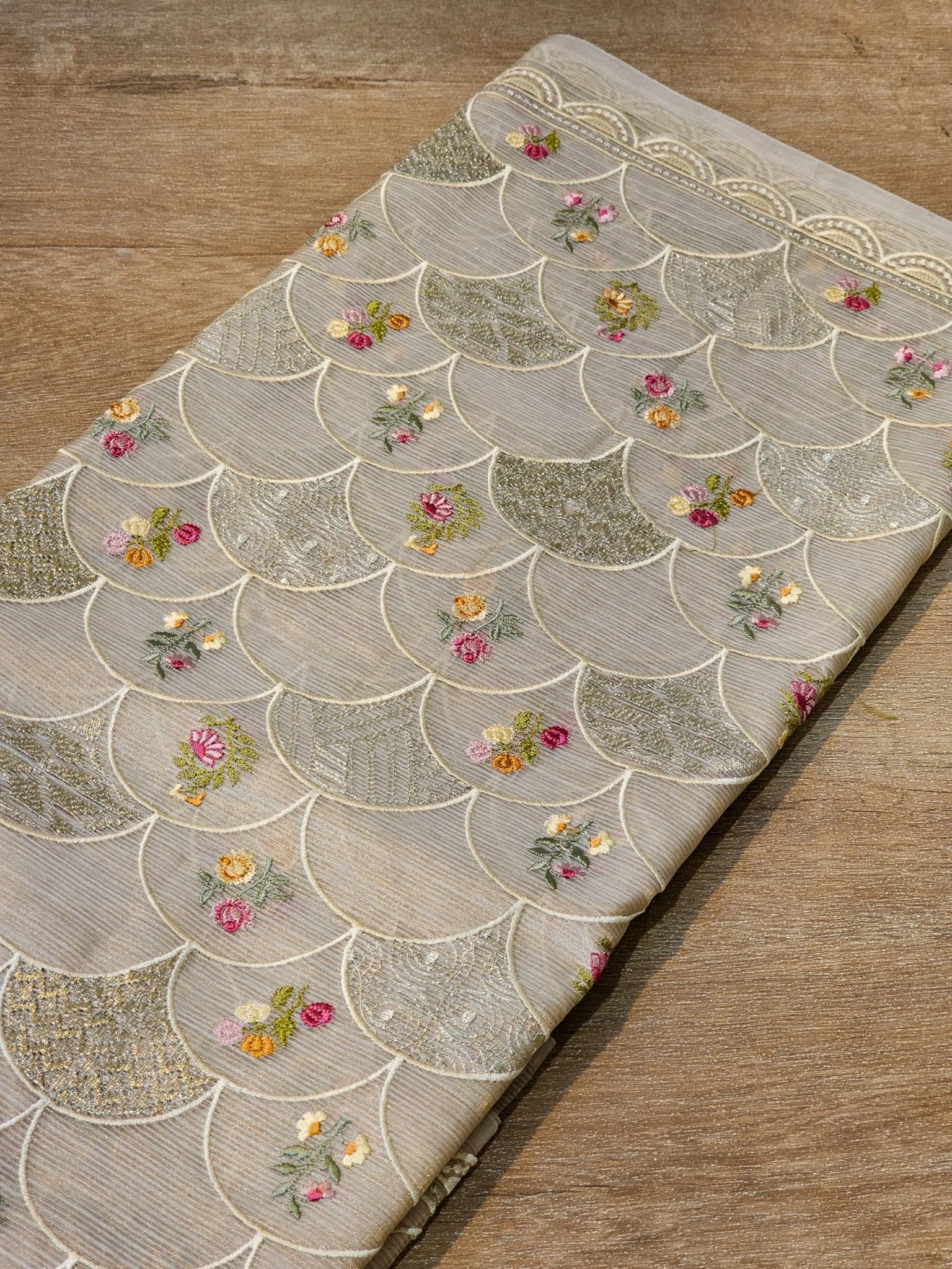 Pure Tissue Silk Stripe Embroidery Jaal Saree With Scallop Cutwork Border - Resham Wala