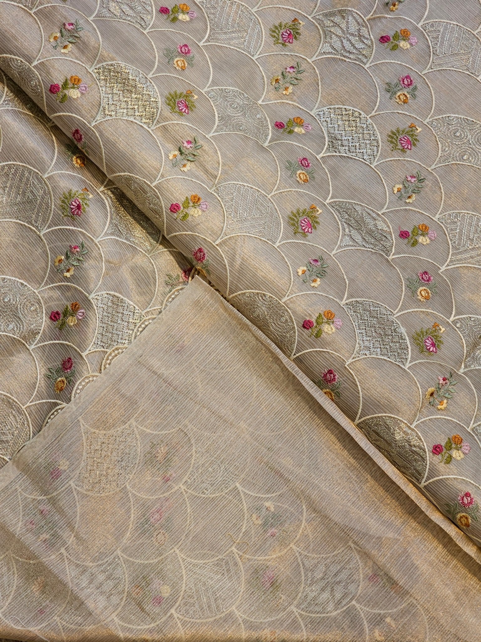 Pure Tissue Silk Stripe Embroidery Jaal Saree With Scallop Cutwork Border - Resham Wala