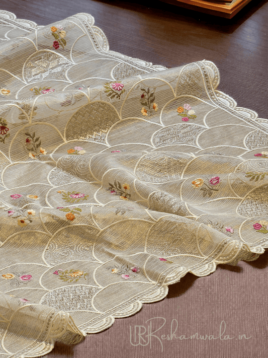 Pure Tissue Silk Stripe Embroidery Jaal Saree With Scallop Cutwork Border - Resham Wala