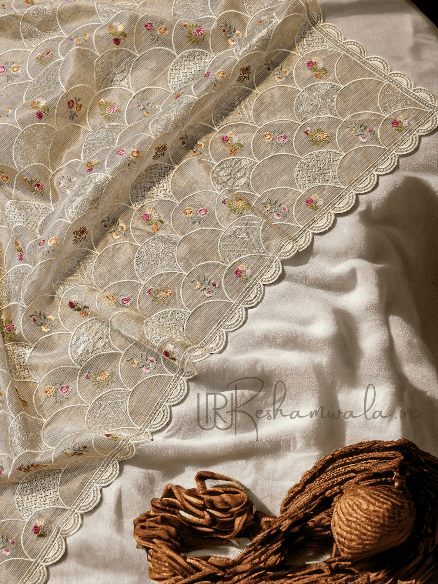 Pure Tissue Silk Stripe Embroidery Jaal Saree With Scallop Cutwork Border - Resham Wala