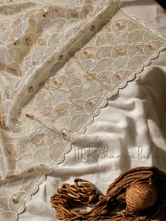 Pure Tissue Silk Stripe Embroidery Jaal Saree With Scallop Cutwork Border - Resham Wala