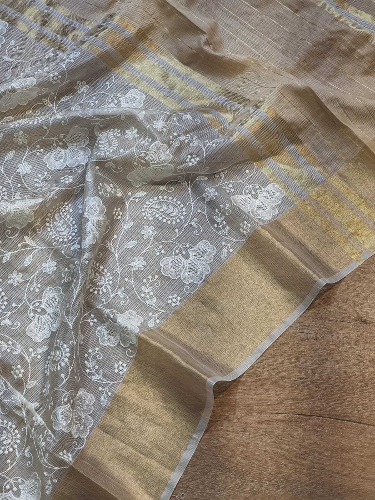 Pure Tussar Kota Silk Chikankari Double Ghiccha Saree - draped side view
