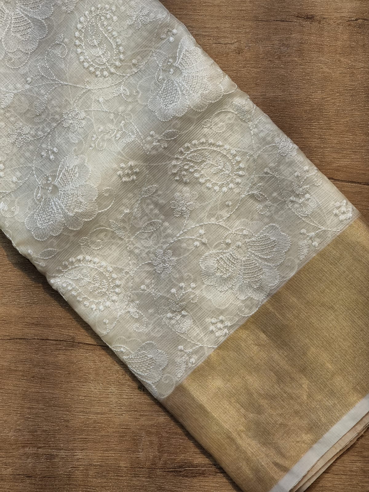 Pure Tussar Kota Silk Chikankari Double Ghiccha Saree - front full view