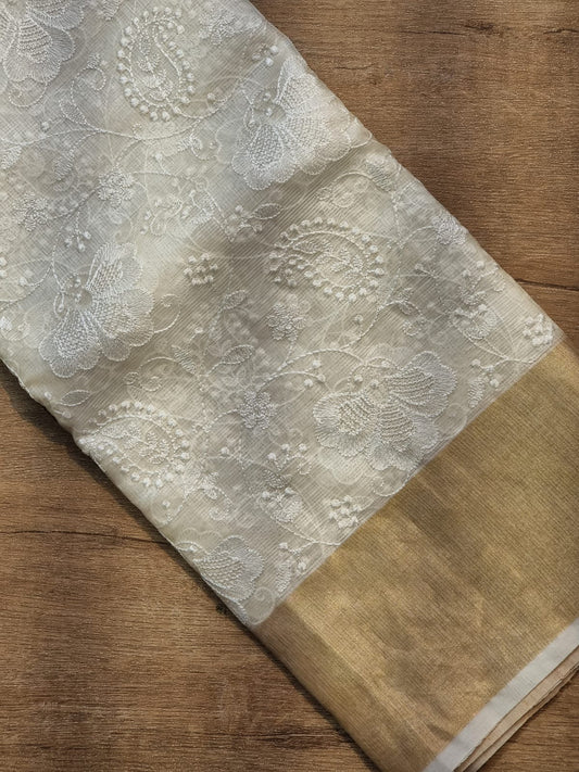 Pure Tussar Kota Silk Chikankari Double Ghiccha Saree - front full view