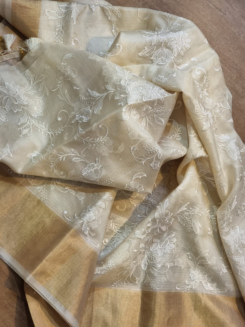 Pure Tussar Kota Silk Embroidery Chikankari Saree with Double Ghiccha pallu and special tassels - Resham Wala