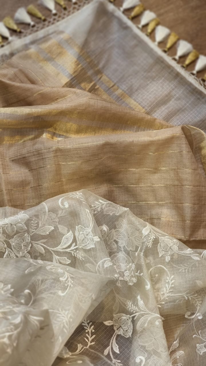 Pure Tussar Kota Silk Embroidery Chikankari Saree with Double Ghiccha pallu and special tassels - Resham Wala