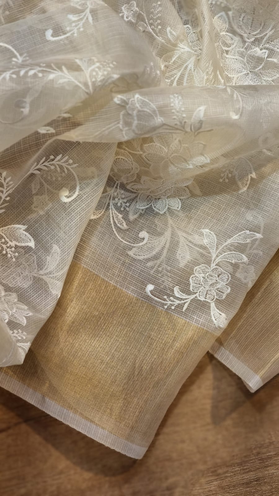 Pure Tussar Kota Silk Embroidery Chikankari Saree with Double Ghiccha pallu and special tassels - Resham Wala