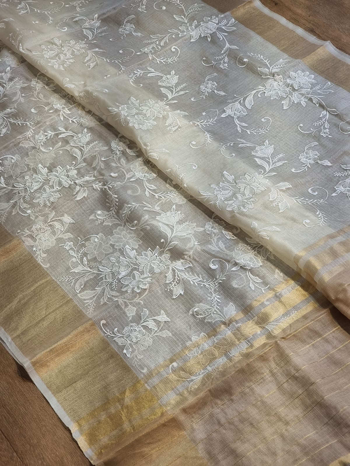Pure Tussar Kota Silk Embroidery Chikankari Saree with Double Ghiccha pallu and special tassels - Resham Wala