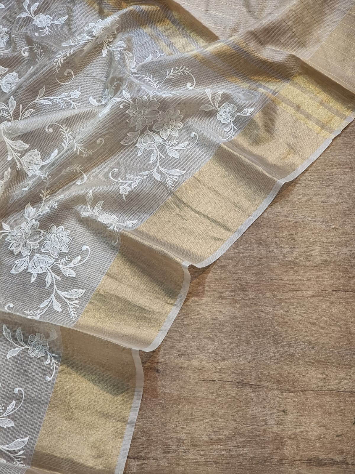 Pure Tussar Kota Silk Embroidery Chikankari Saree with Double Ghiccha pallu and special tassels - Resham Wala