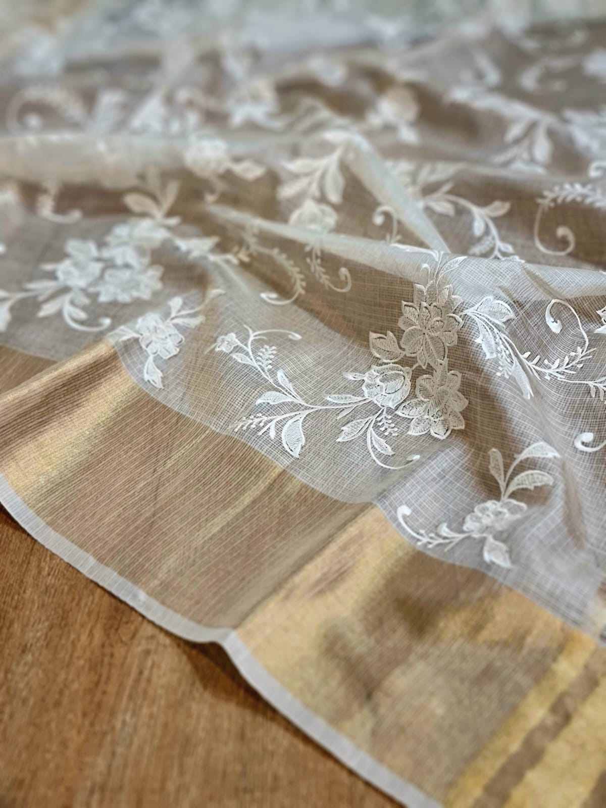 Pure Tussar Kota Silk Embroidery Chikankari Saree with Double Ghiccha pallu and special tassels - Resham Wala