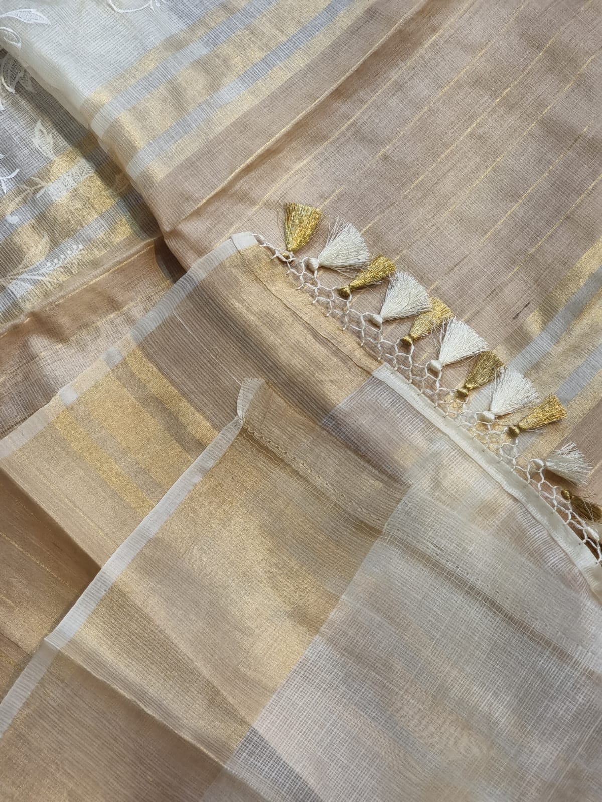 Pure Tussar Kota Silk Embroidery Chikankari Saree with Double Ghiccha pallu and special tassels - Resham Wala
