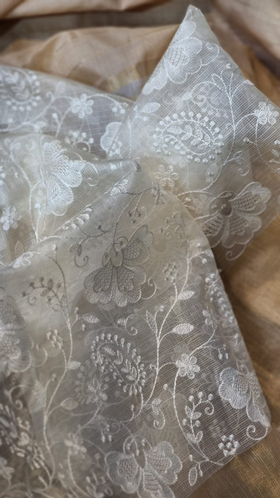 Pure Tussar Kota Silk Chikankari Double Ghiccha Saree - fabric texture close-up