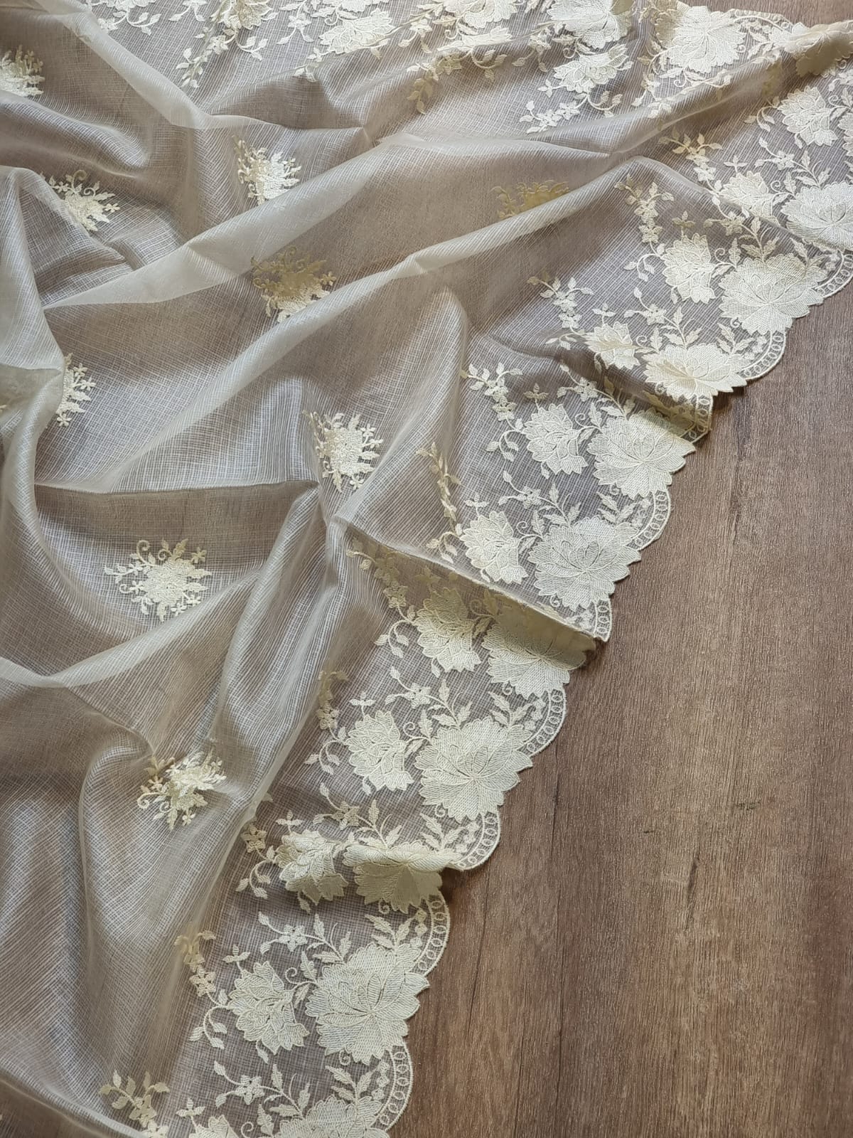 Pure Tussar Kota Silk Cutwork Scallop Saree - draped side view