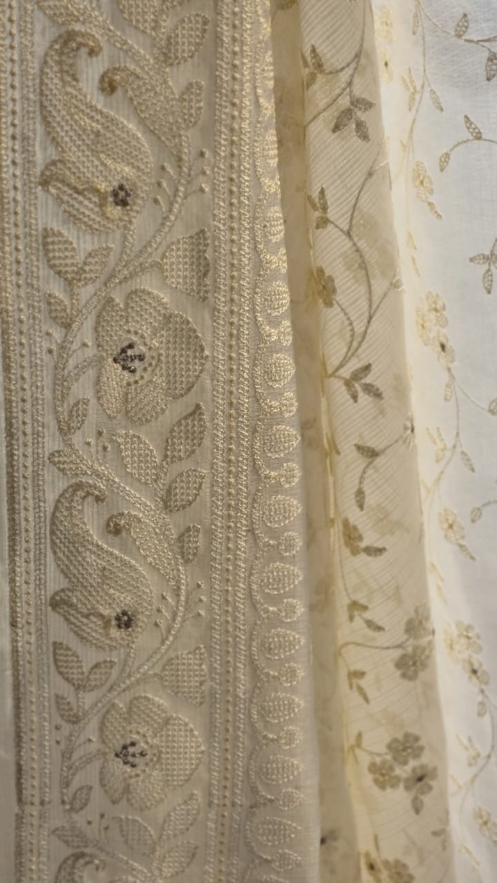 Pure Tussar Kota Silk jaal embroidery work saree with special Tassels and sleeves work in blouse - Resham Wala