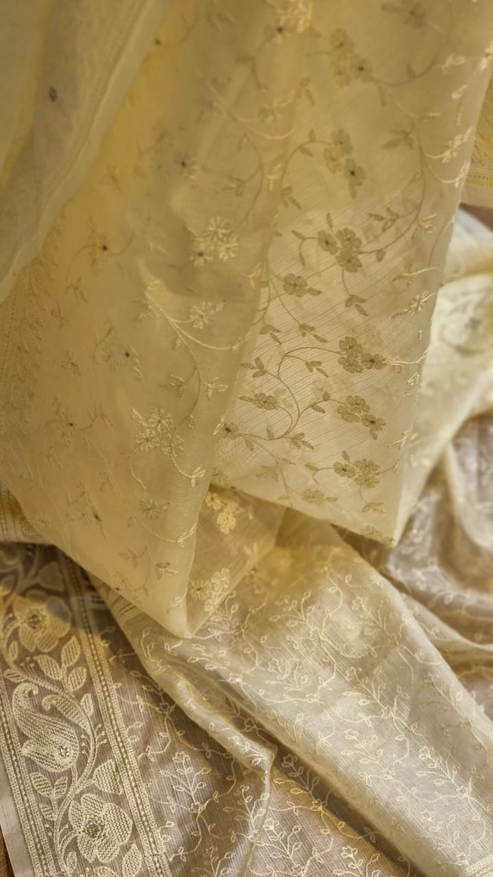 Pure Tussar Kota Silk jaal embroidery work saree with special Tassels and sleeves work in blouse - Resham Wala