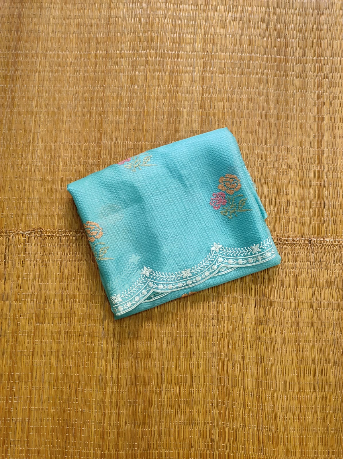 Pure Tussar Kota Silk Saree with Cross - stitch Buta and Scallop Edging Embroidery Work - Resham Wala