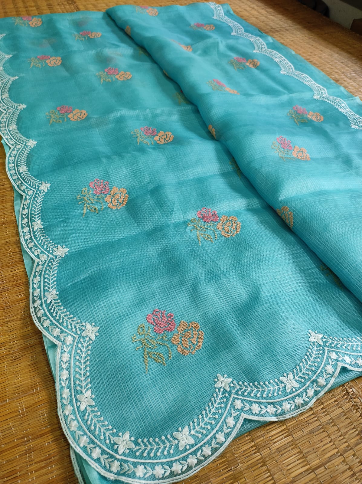 Pure Tussar Kota Silk Saree with Cross - stitch Buta and Scallop Edging Embroidery Work - Resham Wala