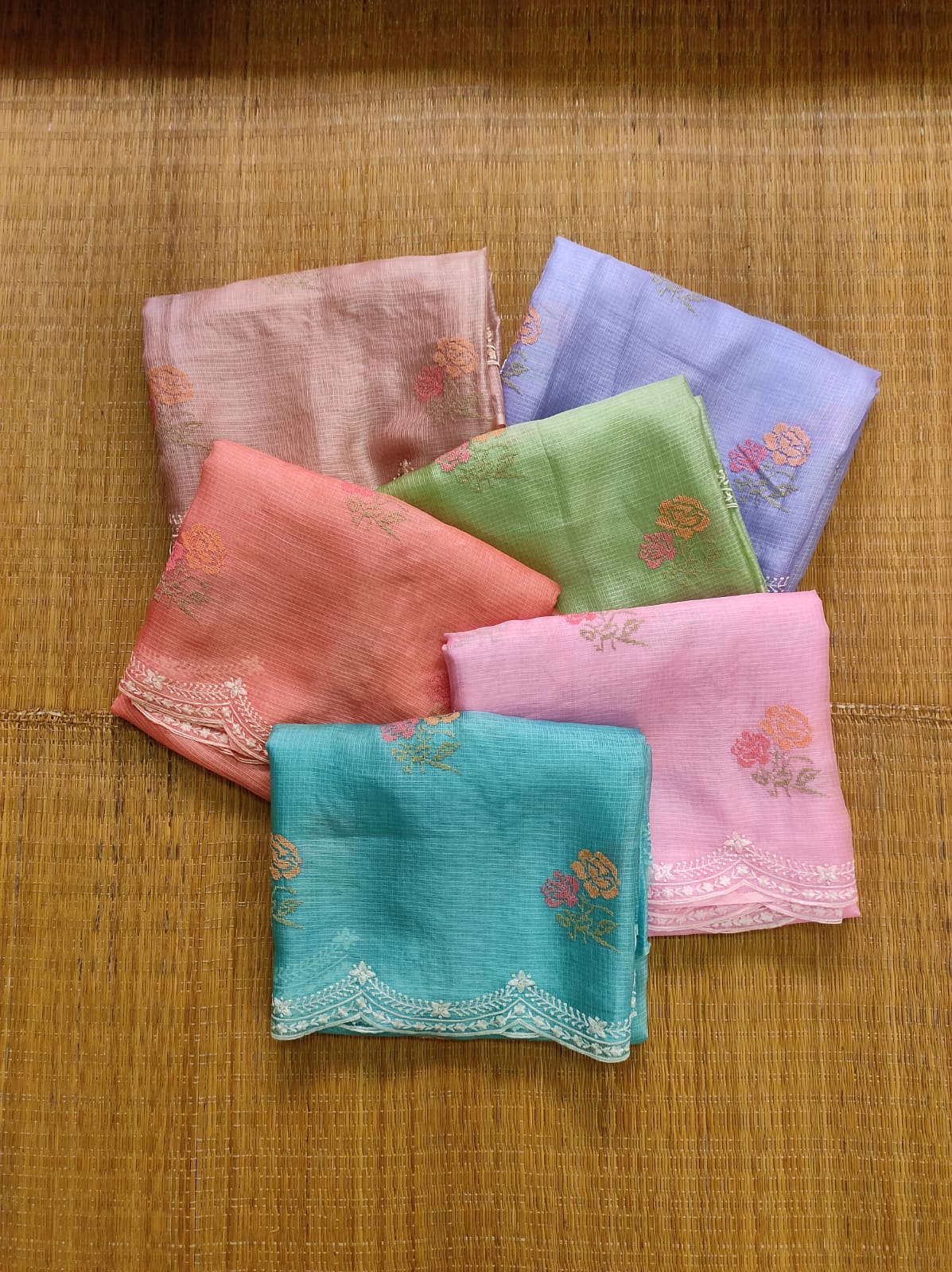 Pure Tussar Kota Silk Saree with Cross - stitch Buta and Scallop Edging Embroidery Work - Resham Wala