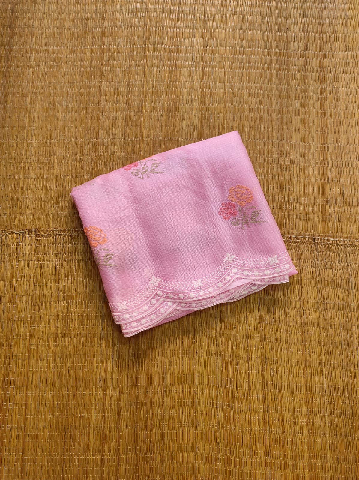 Pure Tussar Kota Silk Saree with Cross - stitch Buta and Scallop Edging Embroidery Work - Resham Wala