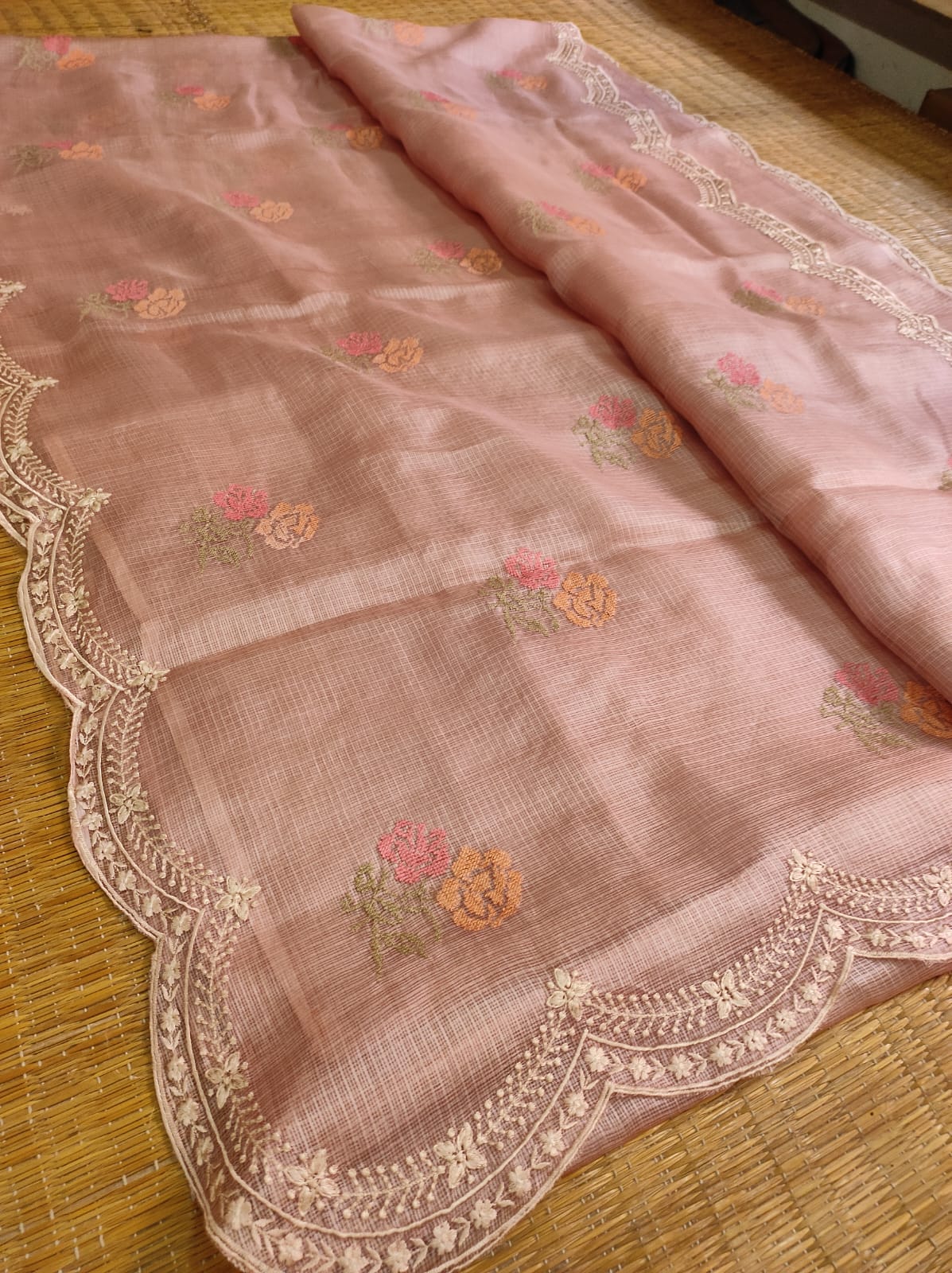 Pure Tussar Kota Silk Saree with Cross - stitch Buta and Scallop Edging Embroidery Work - Resham Wala