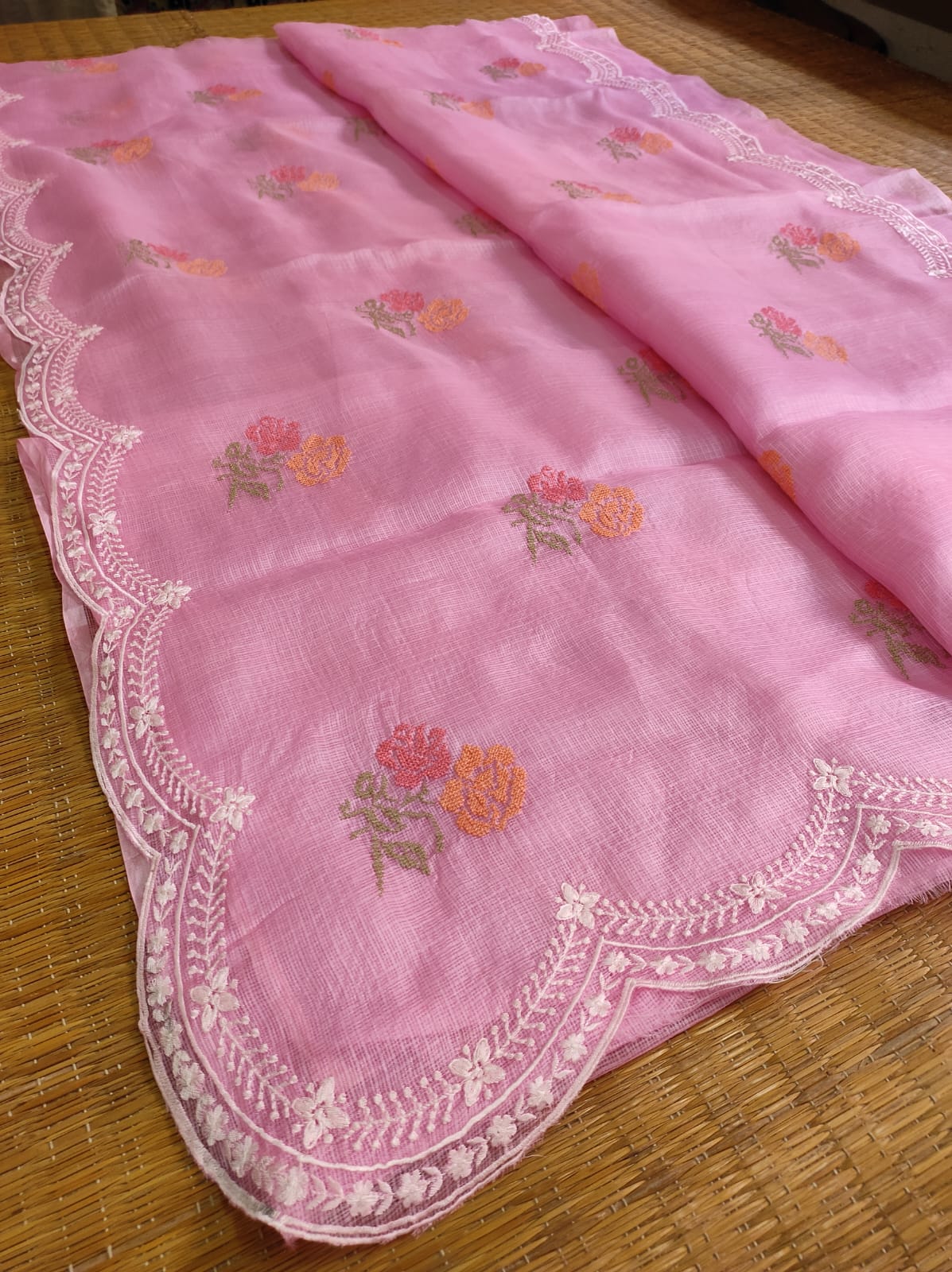 Pure Tussar Kota Silk Cross-stitch Buta Saree - Pink shade