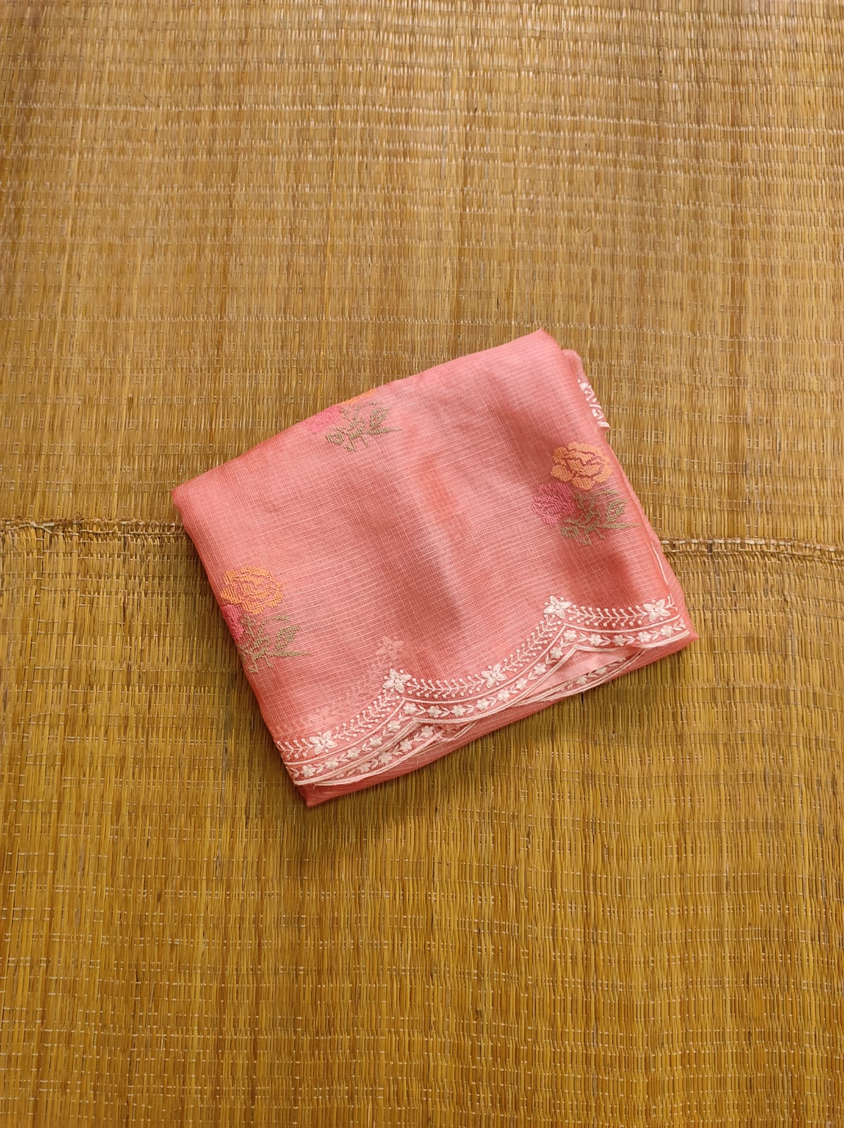 Pure Tussar Kota Silk Saree with Cross - stitch Buta and Scallop Edging Embroidery Work - Resham Wala