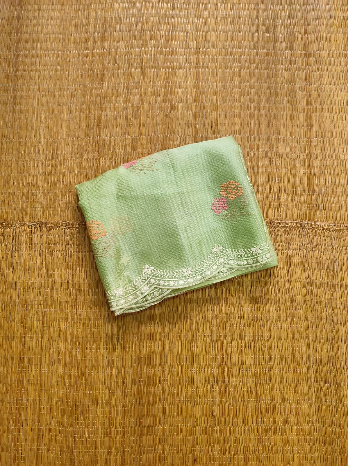 Pure Tussar Kota Silk Saree with Cross - stitch Buta and Scallop Edging Embroidery Work - Resham Wala