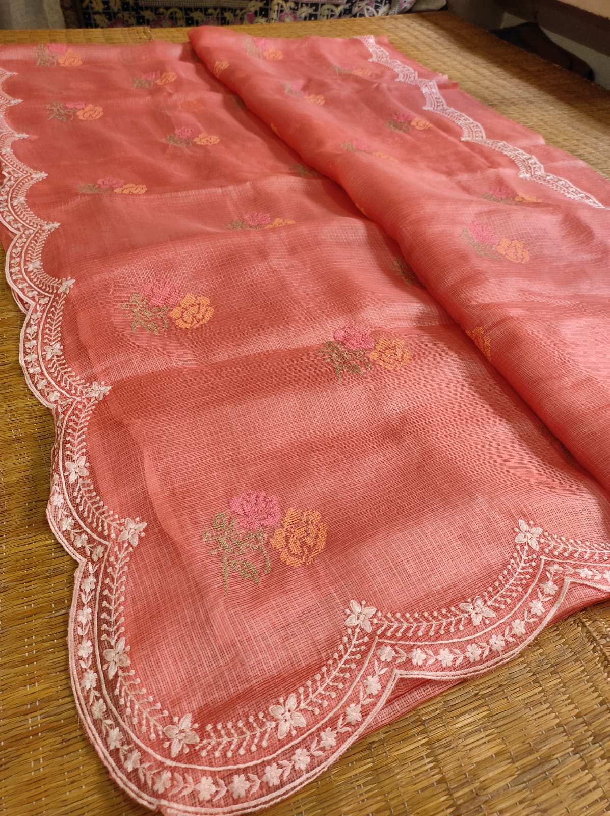 Pure Tussar Kota Silk Saree with Cross - stitch Buta and Scallop Edging Embroidery Work - Resham Wala
