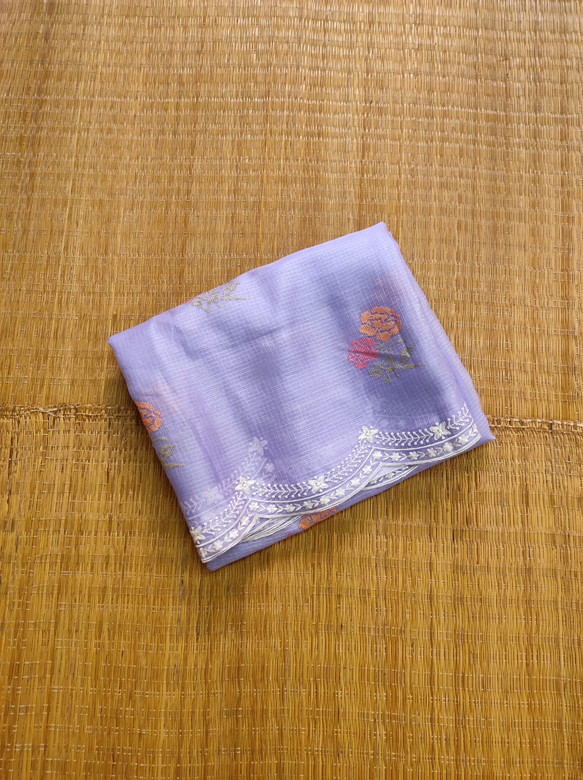 Pure Tussar Kota Silk Saree with Cross - stitch Buta and Scallop Edging Embroidery Work - Resham Wala