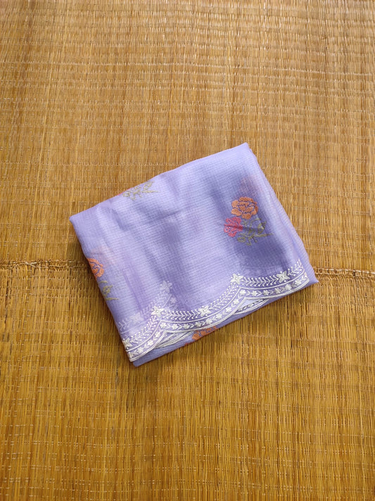Pure Tussar Kota Silk Saree with Cross - stitch Buta and Scallop Edging Embroidery Work - Resham Wala