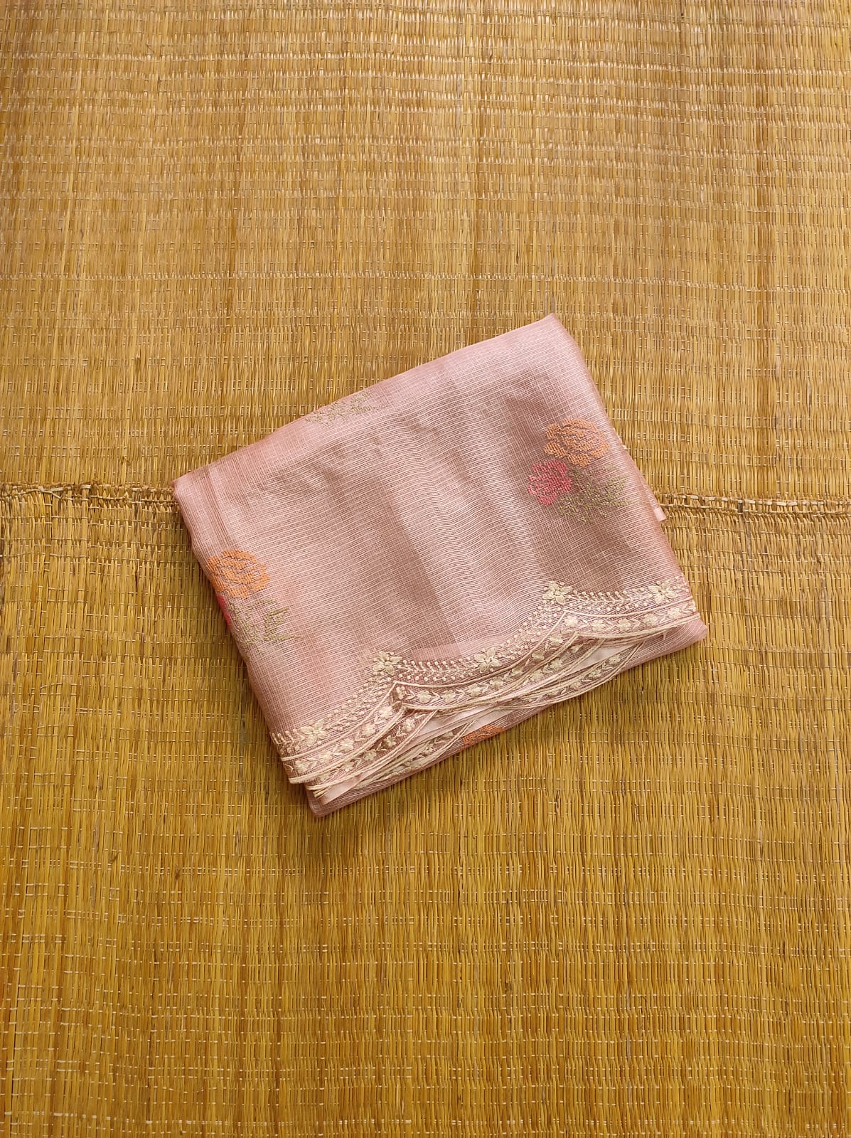 Pure Tussar Kota Silk Saree with Cross - stitch Buta and Scallop Edging Embroidery Work - Resham Wala