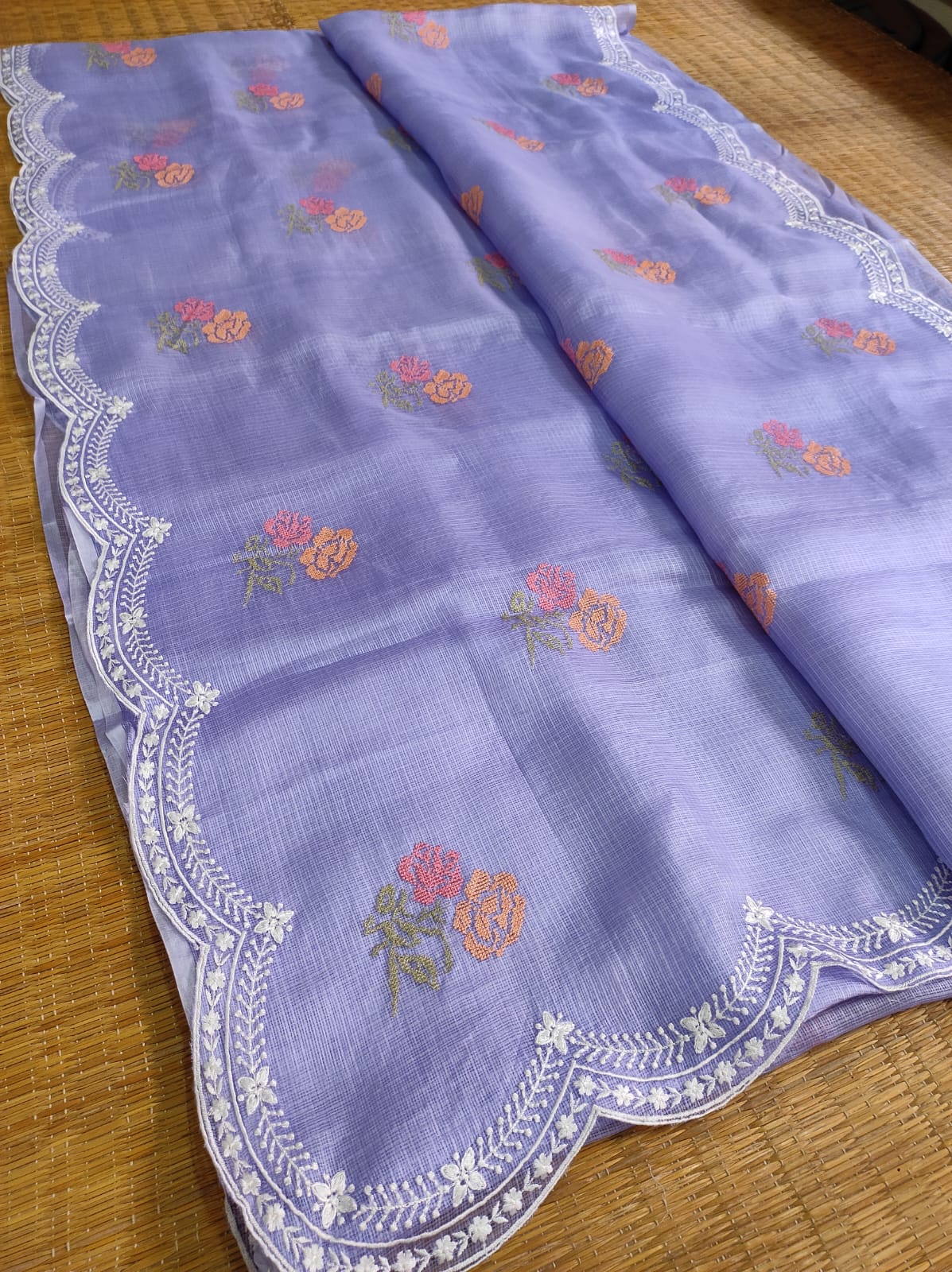 Pure Tussar Kota Silk Saree with Cross - stitch Buta and Scallop Edging Embroidery Work - Resham Wala