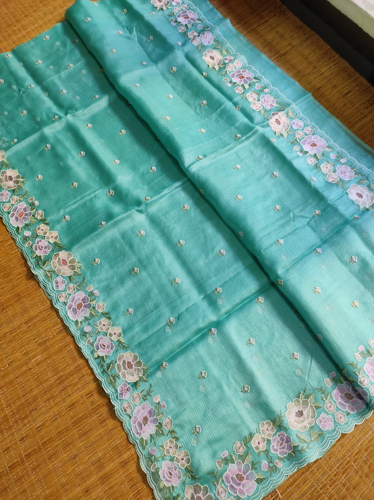 Pure Tussar Kota Silk Saree with Mina Floral Cutwork Scallop Border Embroidery Work - Resham Wala