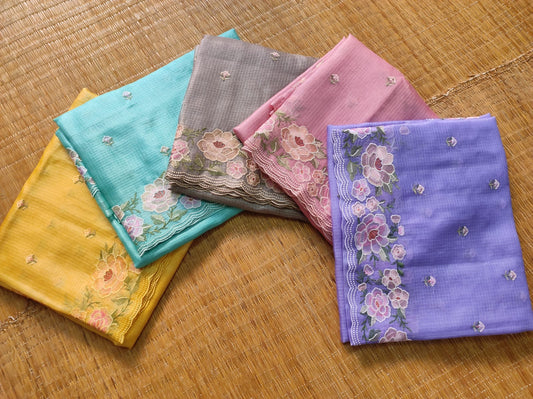 Pure Tussar Kota Silk Saree with Mina Floral Cutwork Scallop Border Embroidery Work - Resham Wala