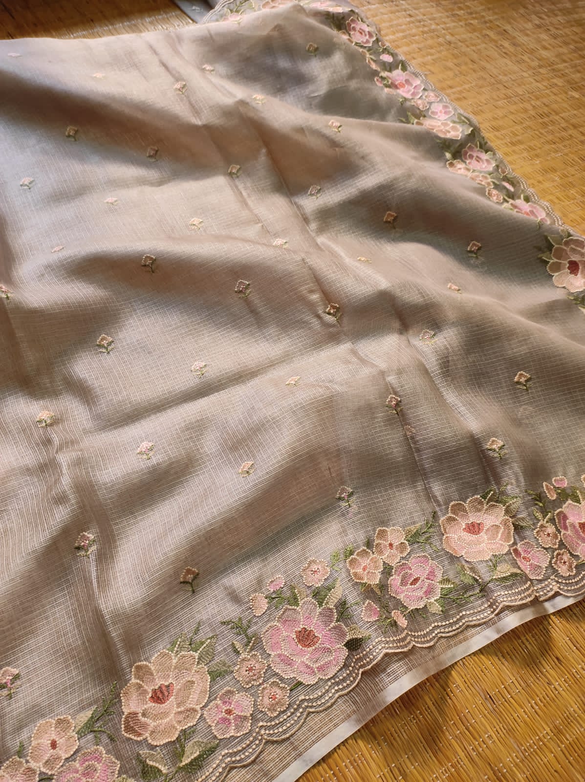 Pure Tussar Kota Silk Mina Floral Saree - Mousegrey shade
