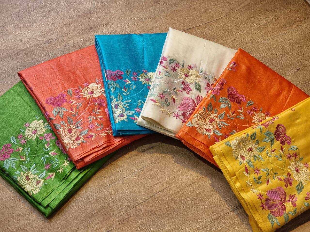 Pure Tussar Silk Border Embroidery Saree - model wearing saree with jewellery