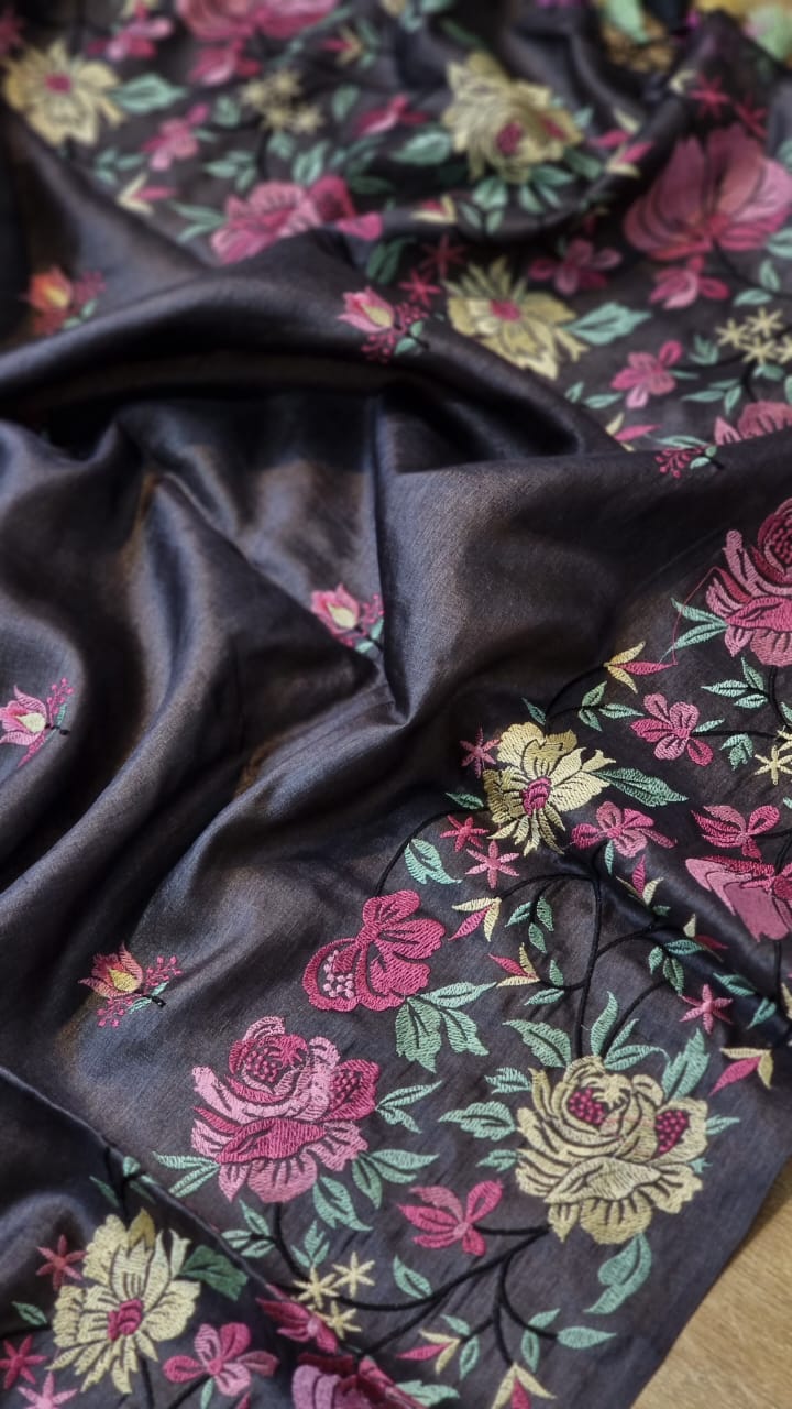 Pure Tussar Silk Border Embroidery Saree - styled full look